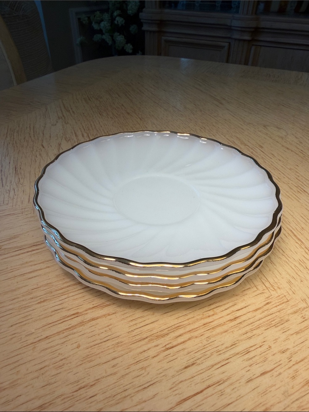Anchor Hocking Fire-King Milk Glass Saucers with Gold Trim (4)